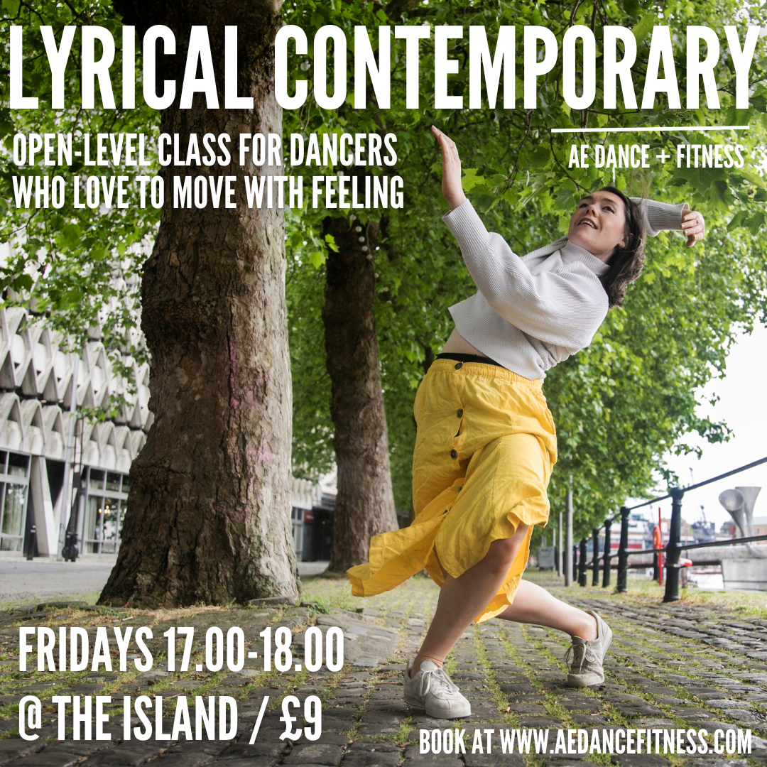 Poster design for Lyrical Contemporary Dance Class, text over an image of a woman dancing by some trees