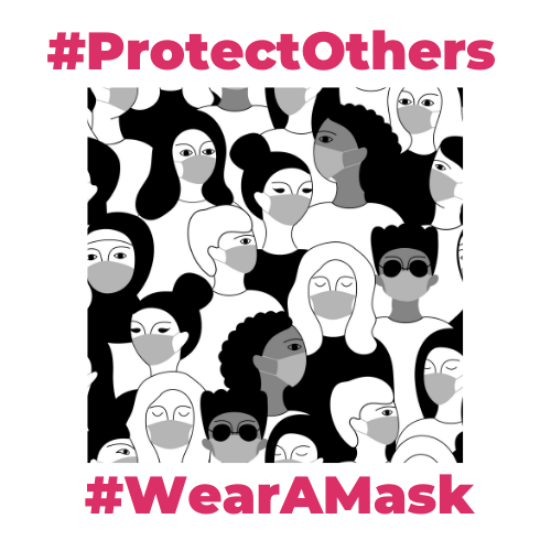 Black and white images of People wearing Masks. Above the image is the hashtag ProtectOthers, underneath the image is the Hashtag WearAMask