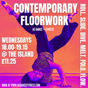 Poster design for Contemporary Floorwork Dance Classes, text over an image of a person balancing on their shoulder.