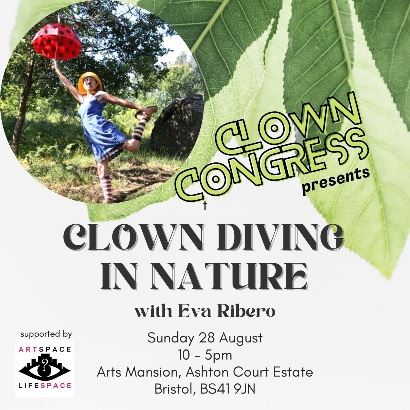 A brightly dressed clown stands on one leg in the woods.