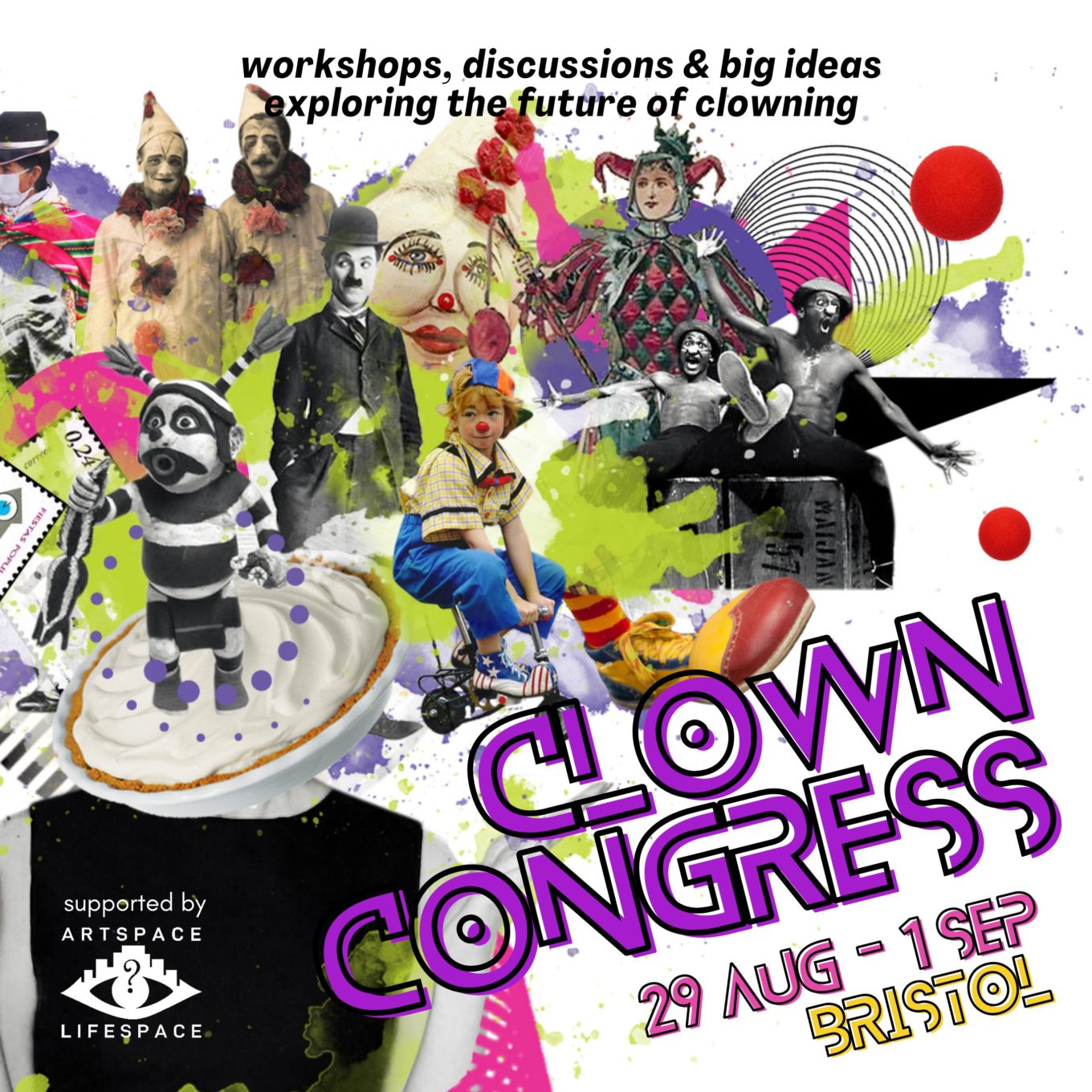 Poster for the Clown Congress with a photo montage design of various clowns