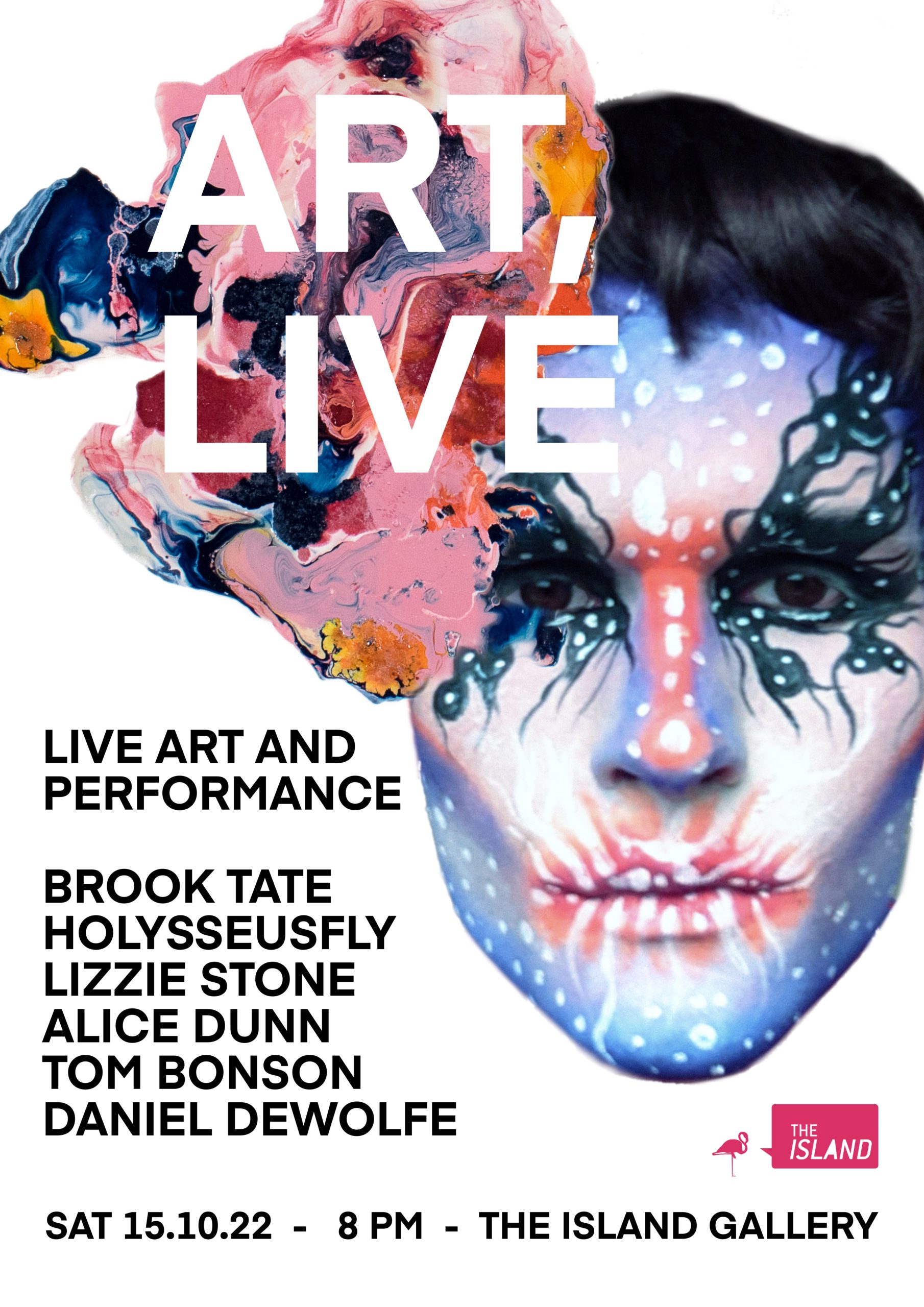 Poster design featuring a woman's face painted with organic patterns in pastel tones.