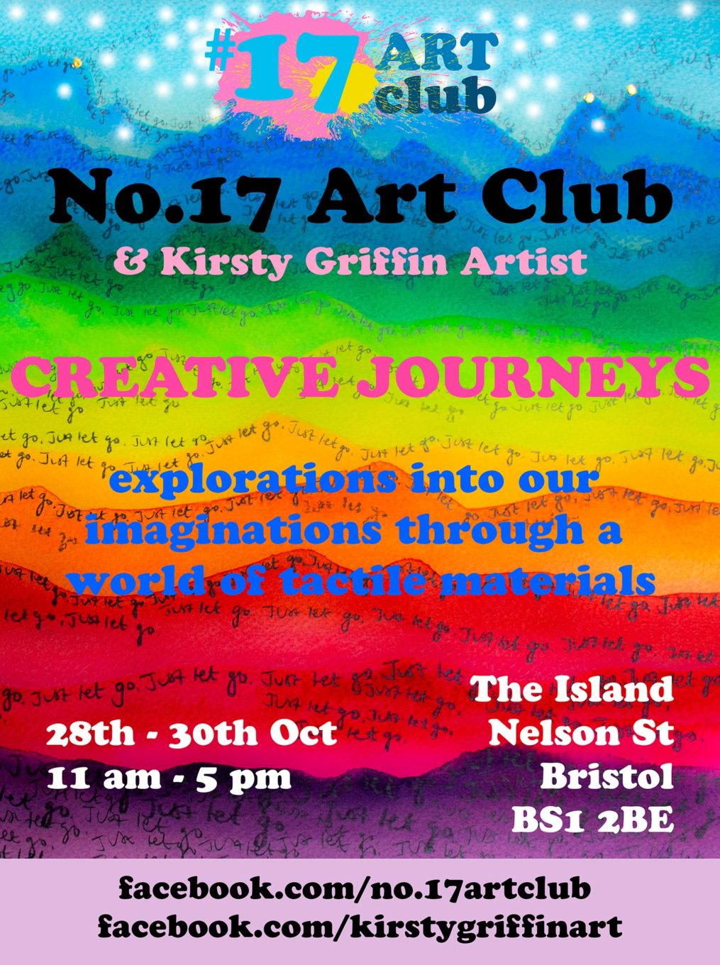 Poster design for the NUmber 17 Art Club exhibition with a rainbow of hills as a background.