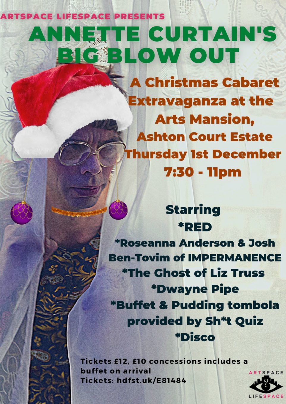Poster design featuring Annette Curtain in her festive finery peeking out from behind a curtain.