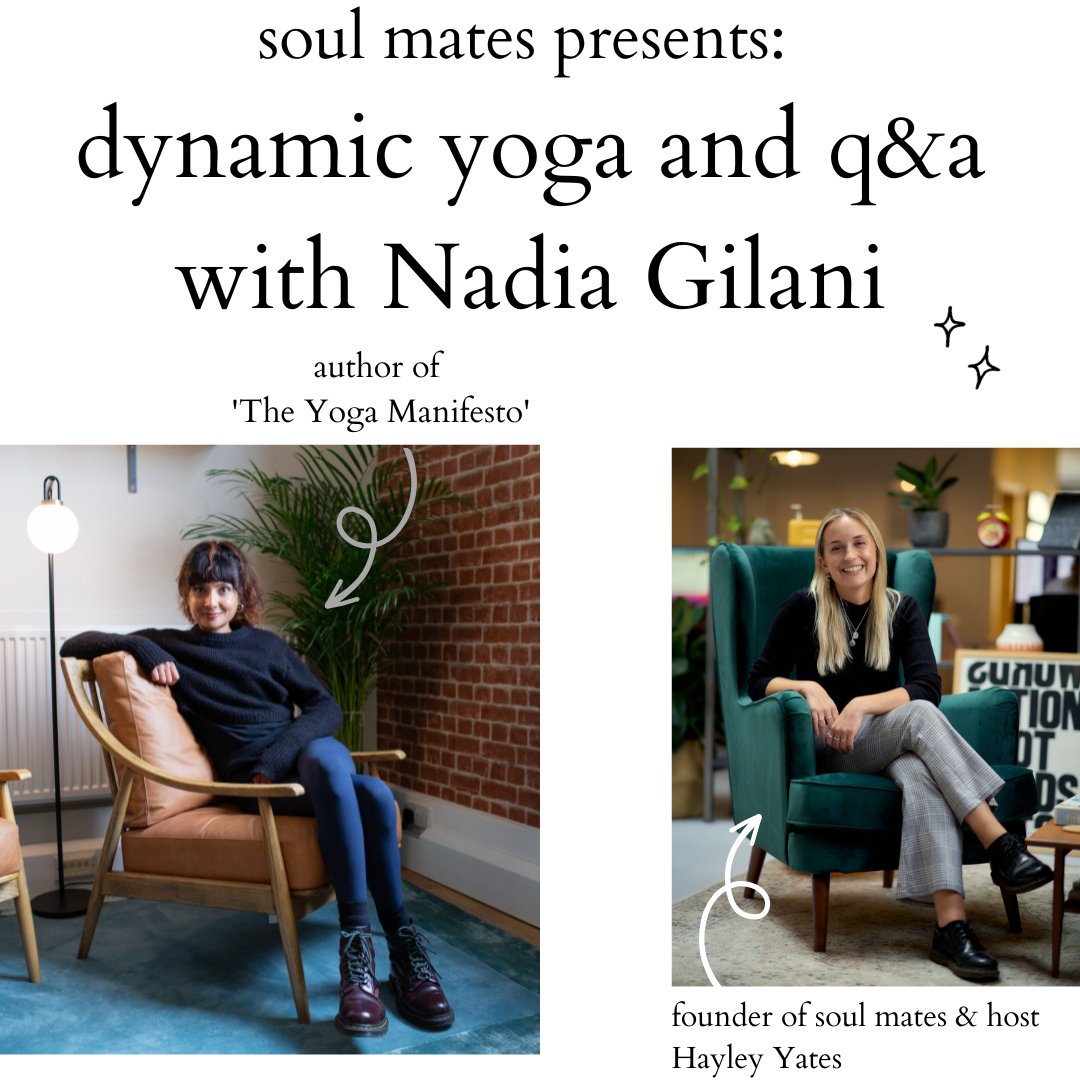 Poster design for yoga workshop and book talk featuring images of women sitting in armchairs
