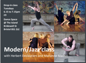 Montage of pictures of people dancing with information on the Modern / Jazz class.