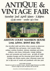 Poster design the Antique and Vintage Fair featuring an image of Ashton Court