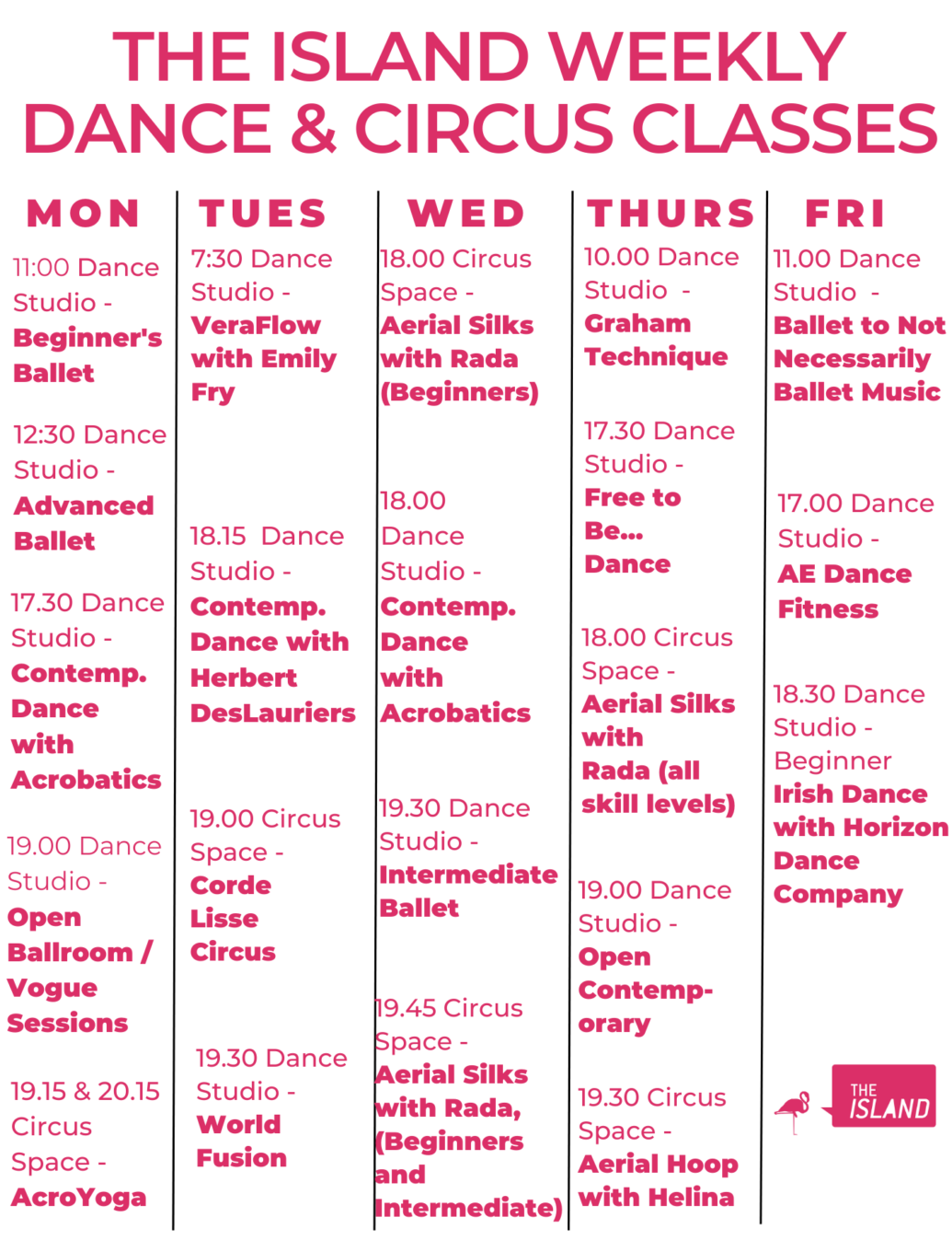 Tinmetable showing weekly dance and circus classes at The Island