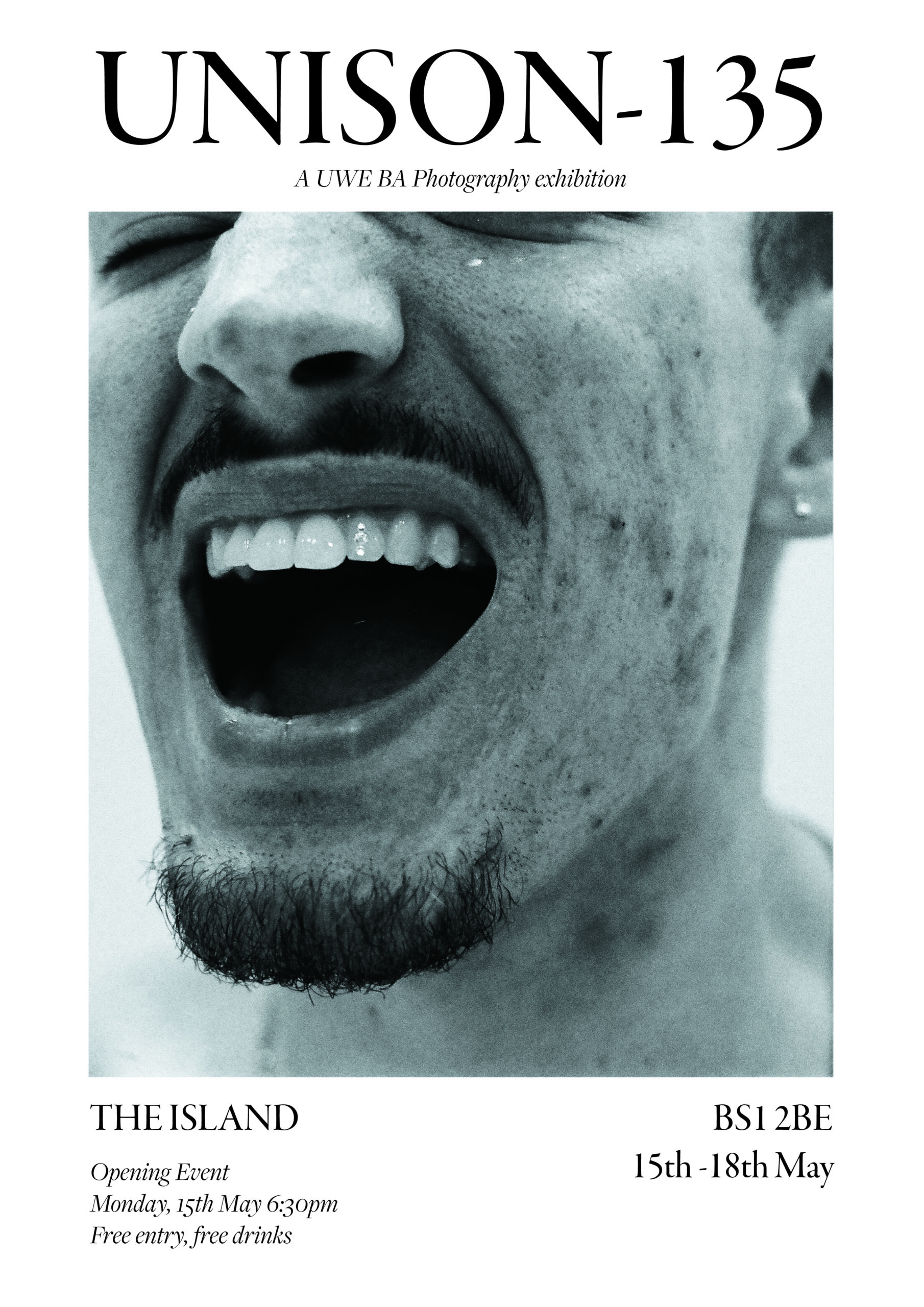 Poster design featuring a black and white image of a man with his mouth wide open
