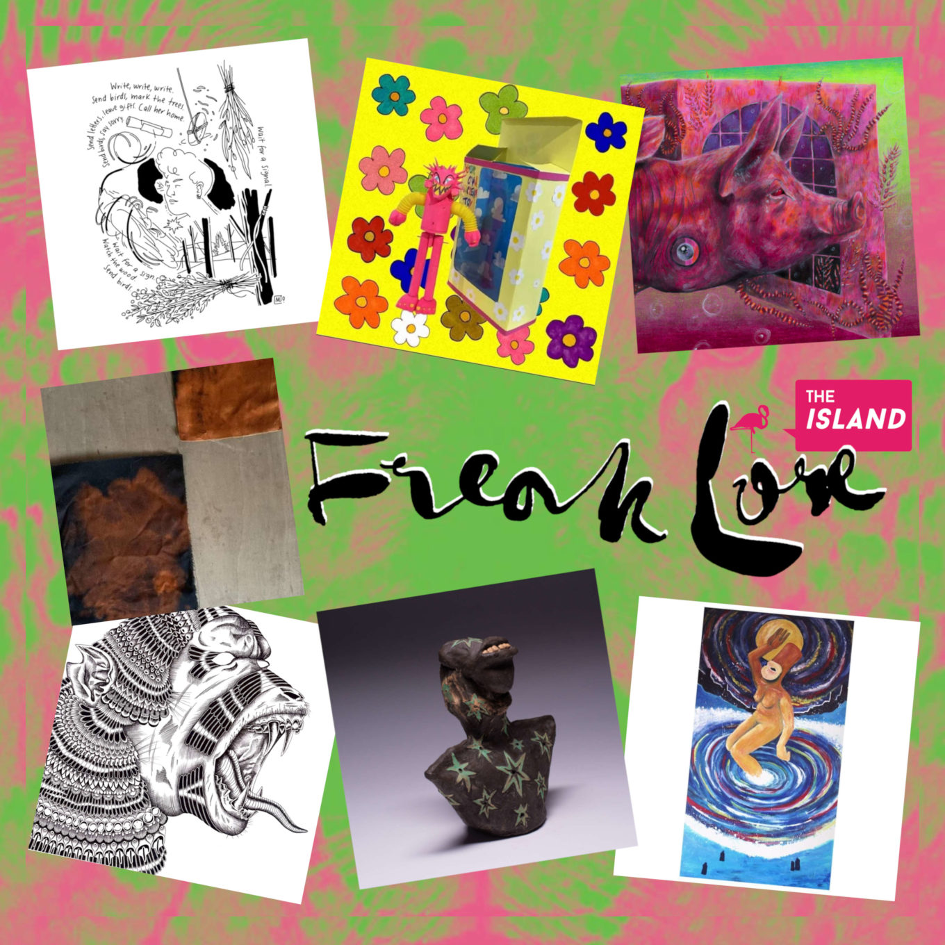 A montage of artwork being shown at the Freaklore exhibition