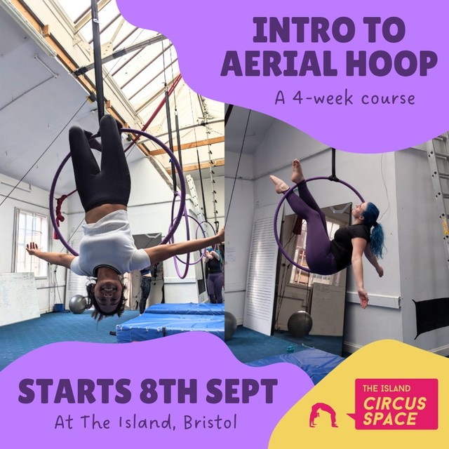 Poster design for aerial hoop workshop with people hanging from hoops!