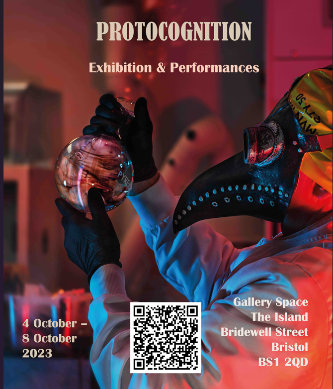 A scientist i a lab wearing a plague mask holds up a glass container