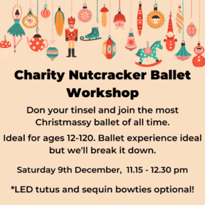 Poster desing for nutcracker ballet workshop featuring illustrated Christmas decorations.