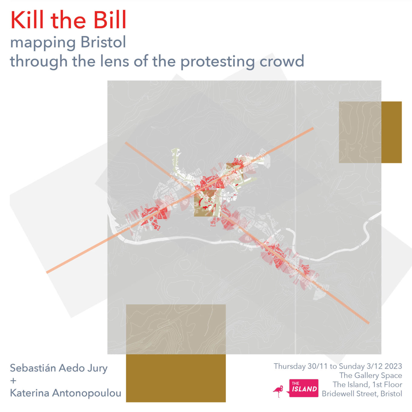 Poster for the Kill The Bill exhibition featuring a map of central Bristol