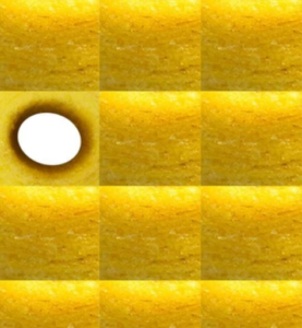 Golden squares in a grid, one has an ovum shape