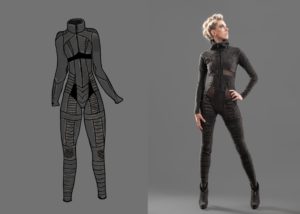 Illustration of a tachno black catsuit next to a photo of the finished costume