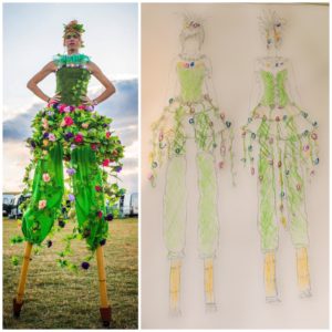 A drawing of a stilt walking costume next to a photo of the finished costume