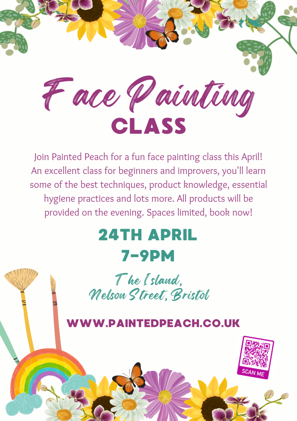 Poster design advertising a Face painting class featuring rainbows, flowers and paint brushes