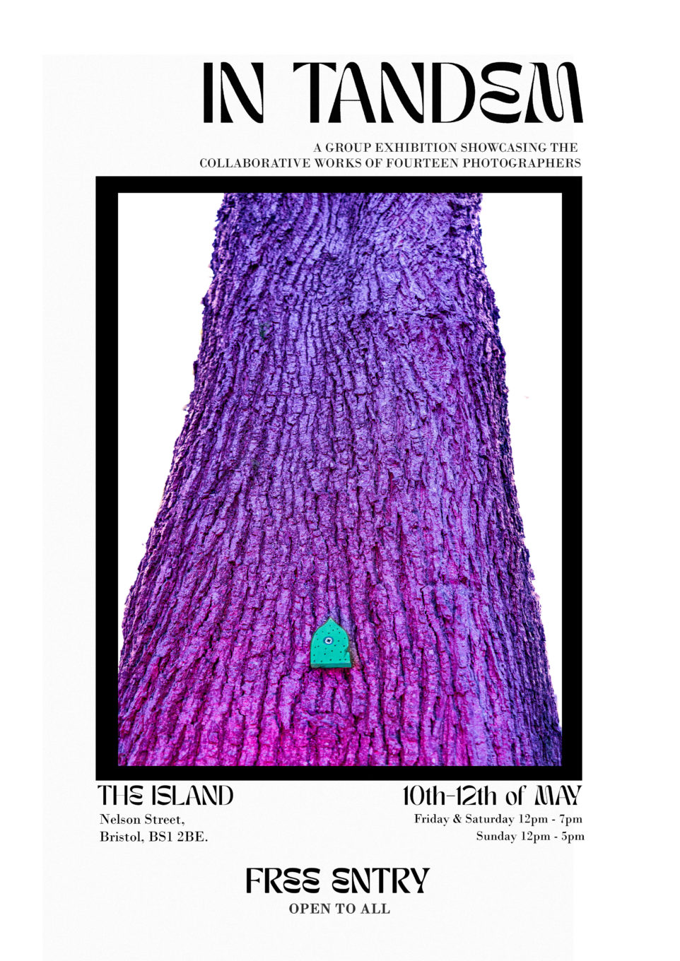 A purple tree trunk extends upwards with a tiny door at the base