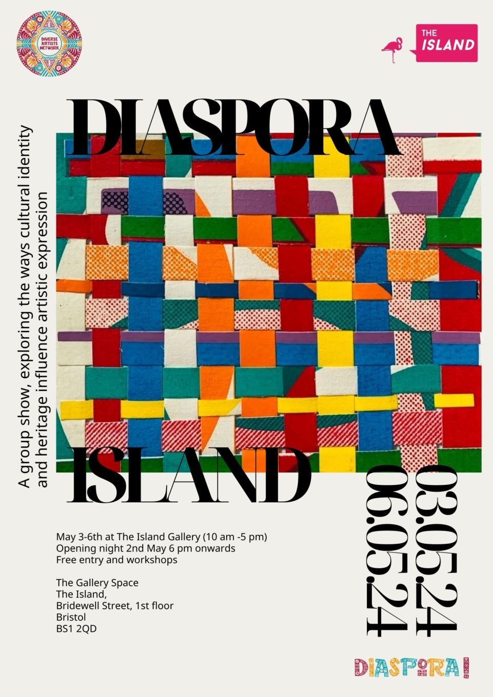 Poster design for Diaspora exhibition with image of interlaced materials