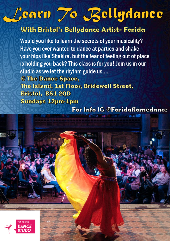 Text based poster with photo of a belly dancer on stage in front of an audience