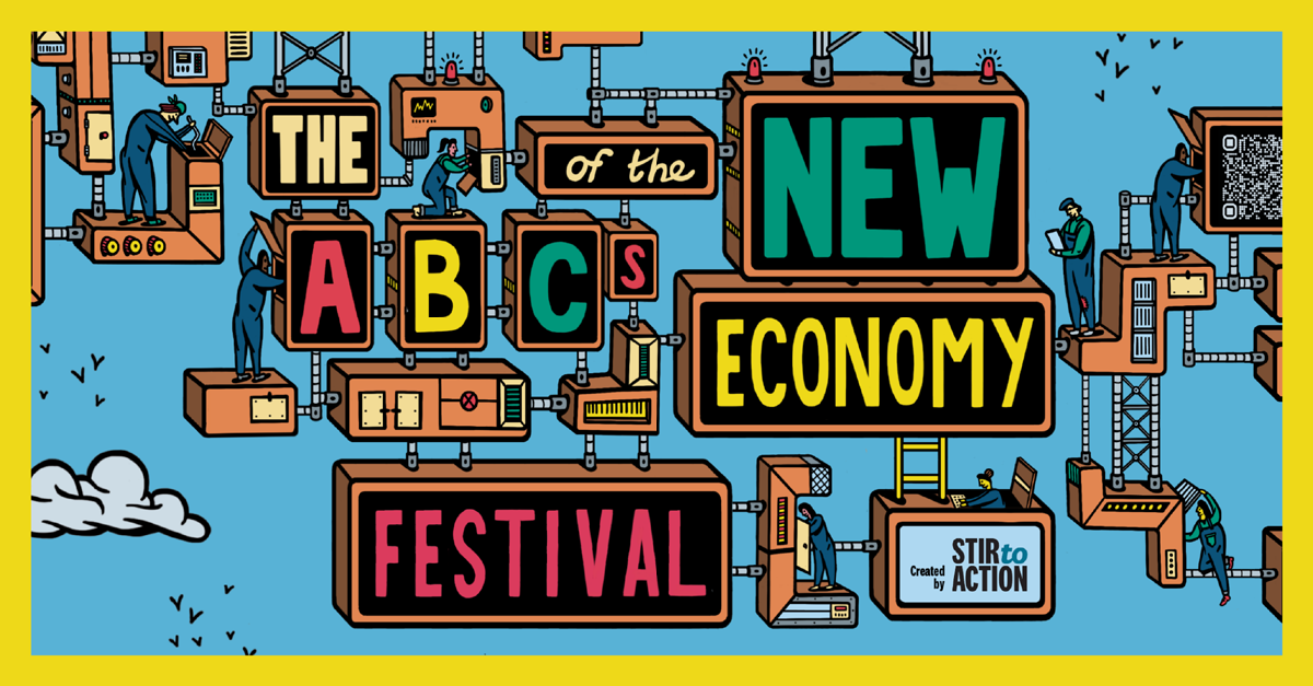 Illustration of a network of boxes in the sky housing the words 'The ABC's Of The New Economy'.
