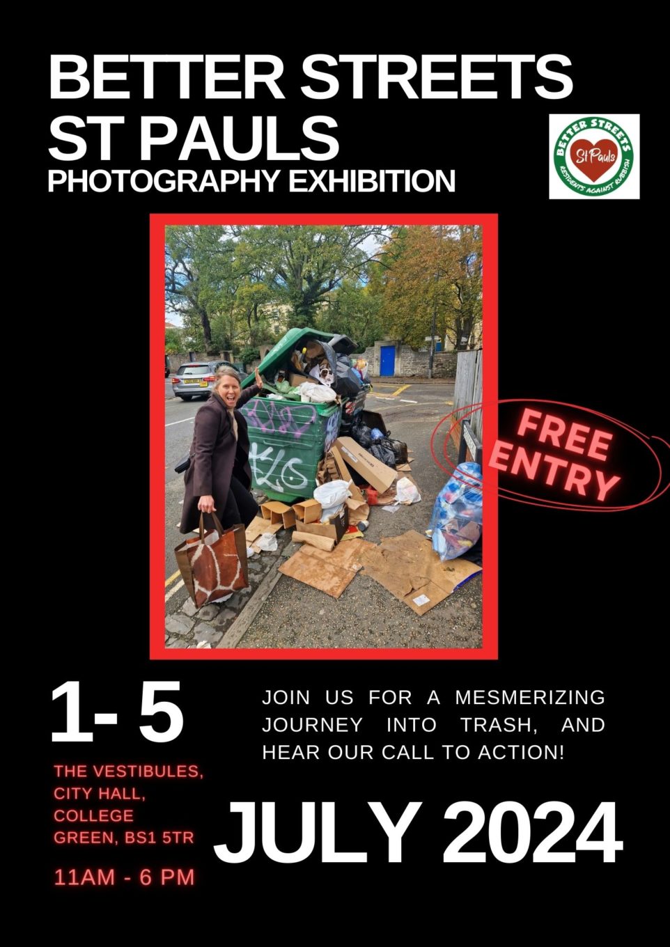 Poster for exhibition featuring a photo of a woman stood by an overflowing bin