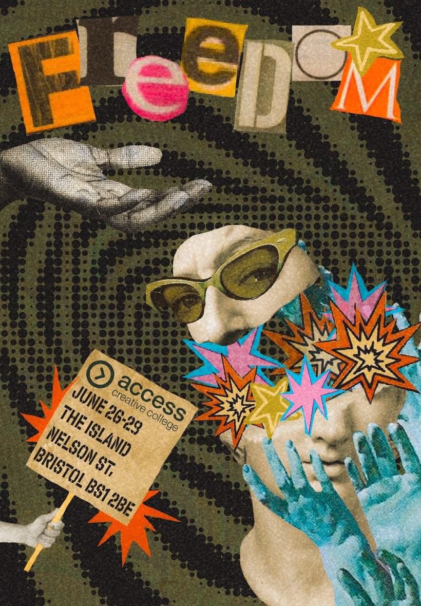 Abstract collage poster with faces and hands