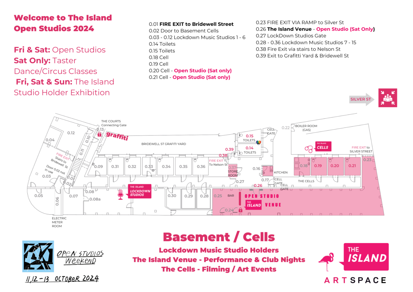 Technical drawing of basement floor of The Island with text annotations