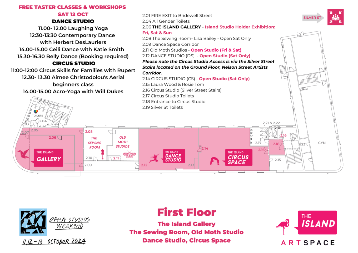 Technical drawing of first floor of The Island with text annotations