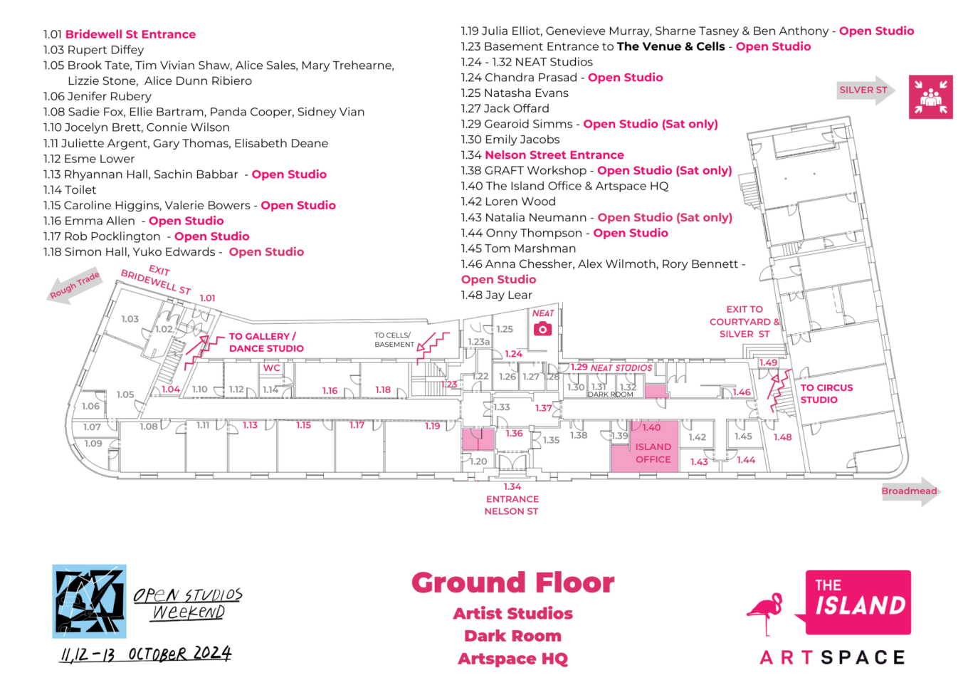 Technical drawing of ground floor of The Island with text annotations