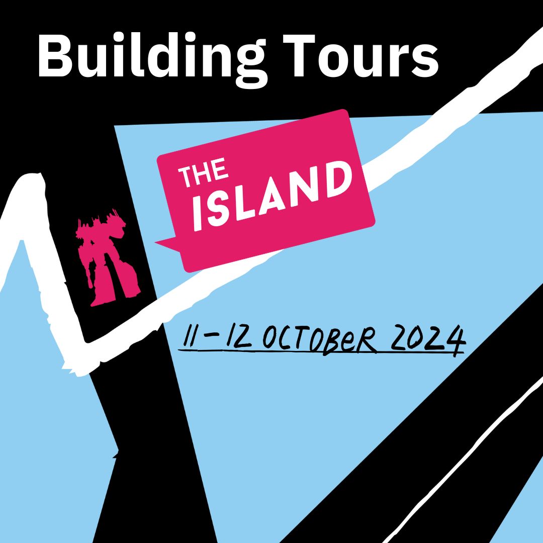 Abstract linear design with logo advertising The Island studio holders exhibition