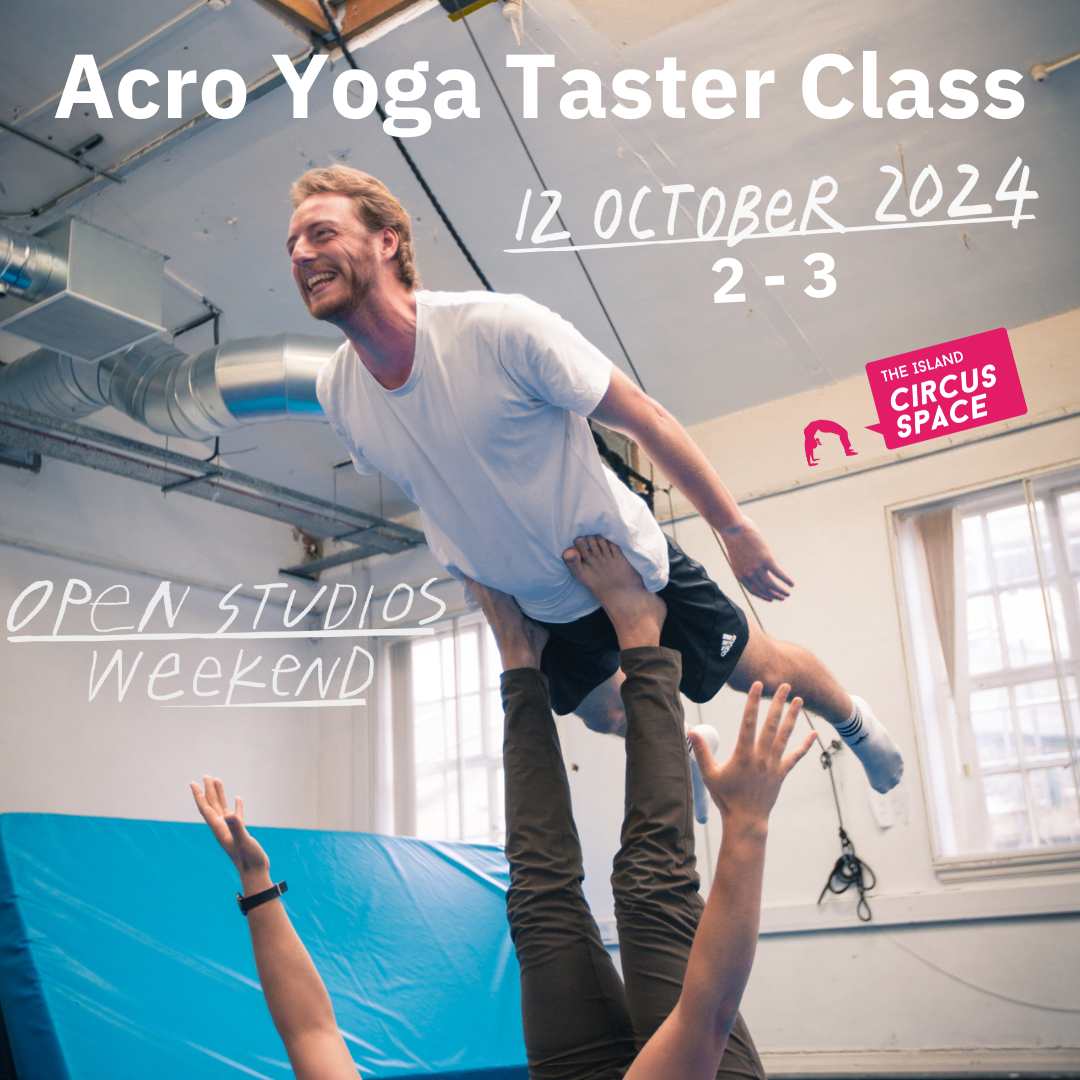 A man 'flys' in the air supported by another person, poster fro Acro Yoga class