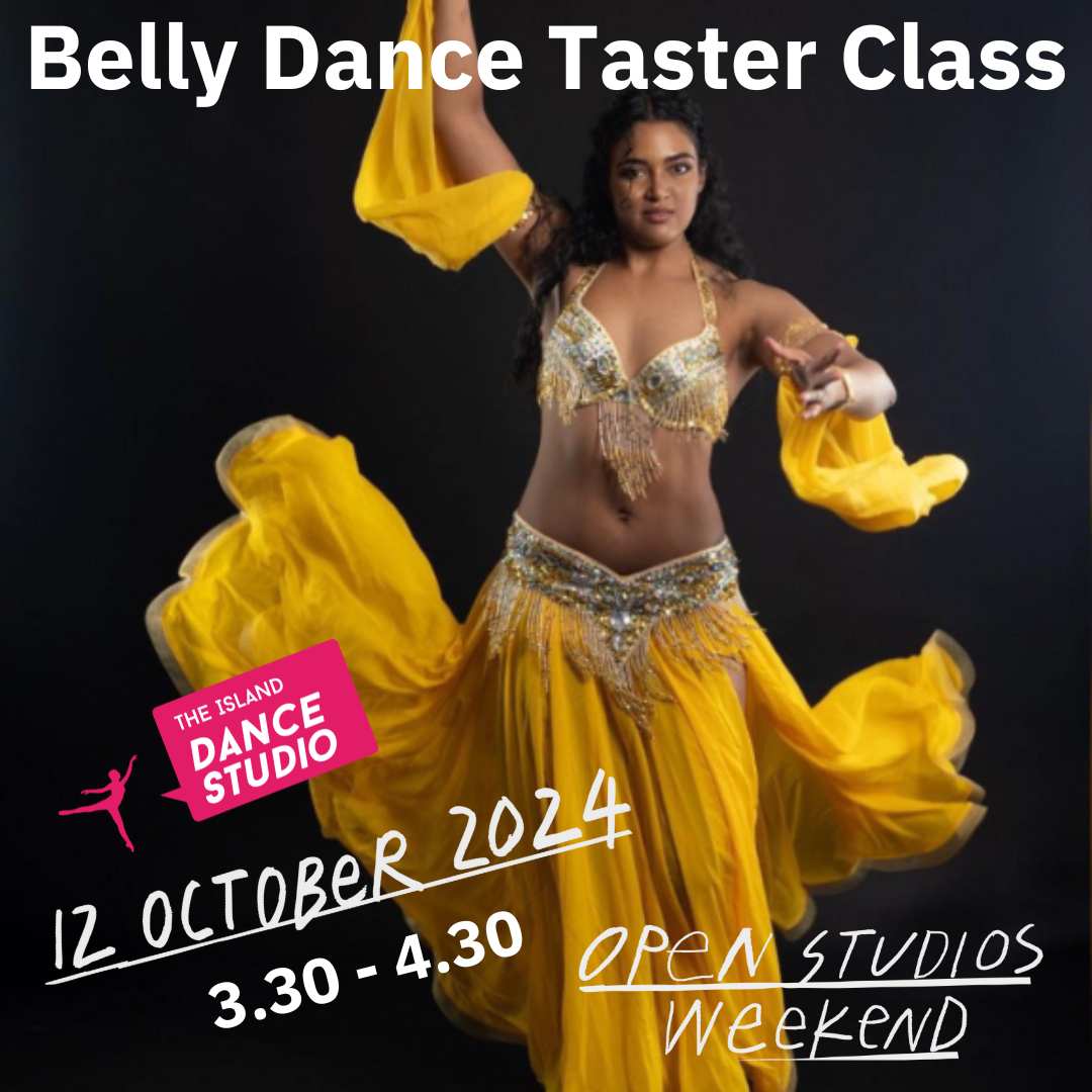 Photograph of a belly dancer in beautiful flowing robes, poster design for a belly dance class