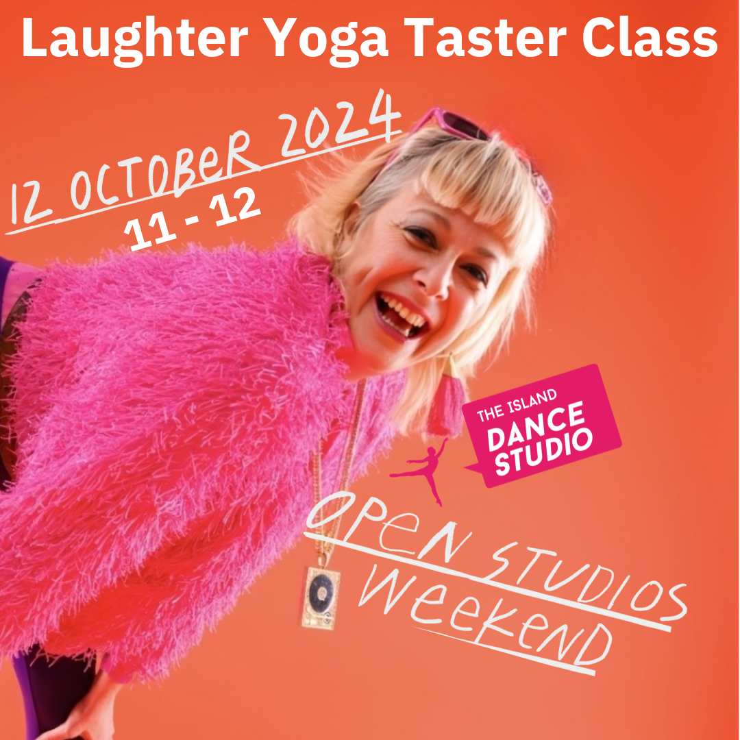 Image of a woman laughing, poster design for laughter yoga class