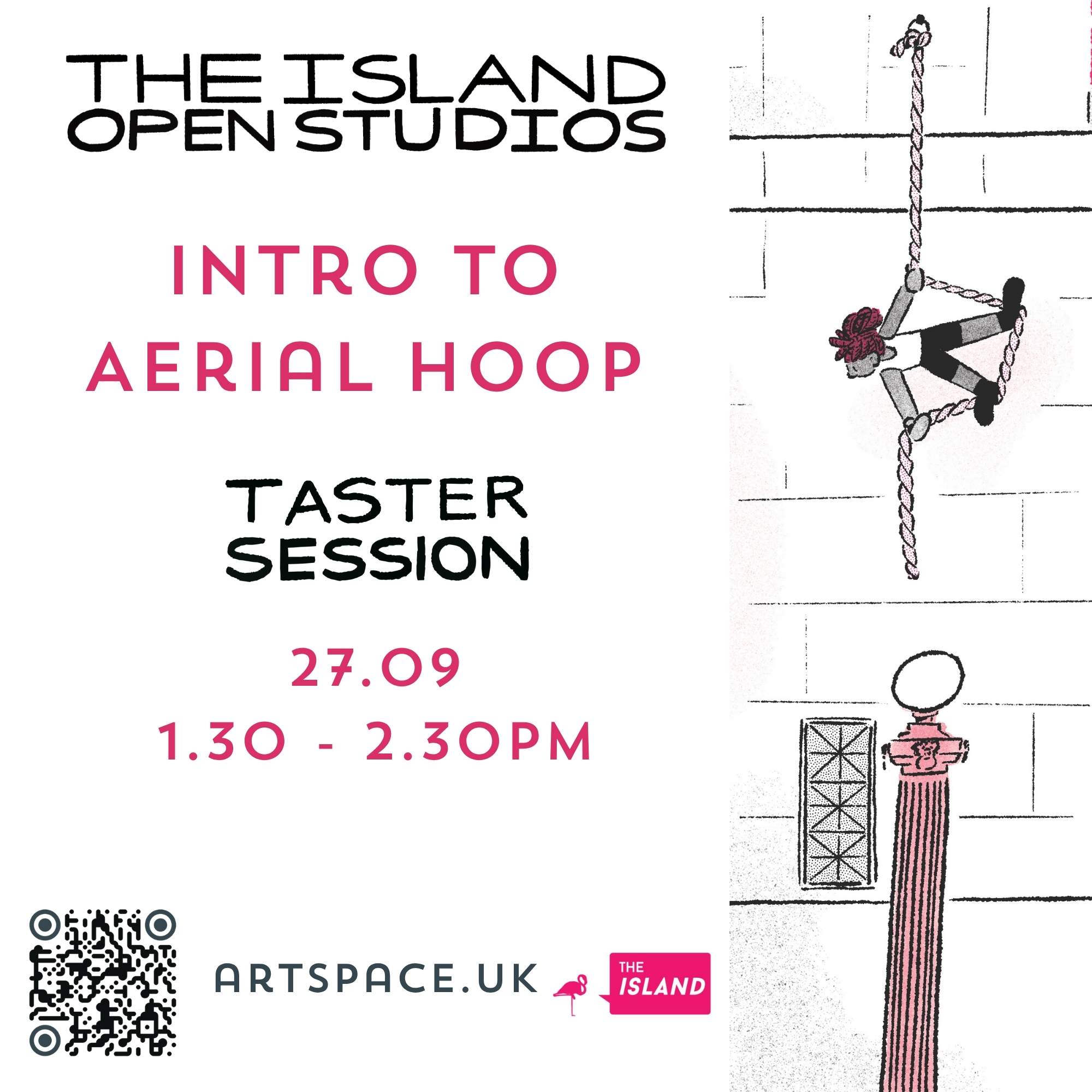 Illustration of a person on a rope hanging down a wall, text with circus class information