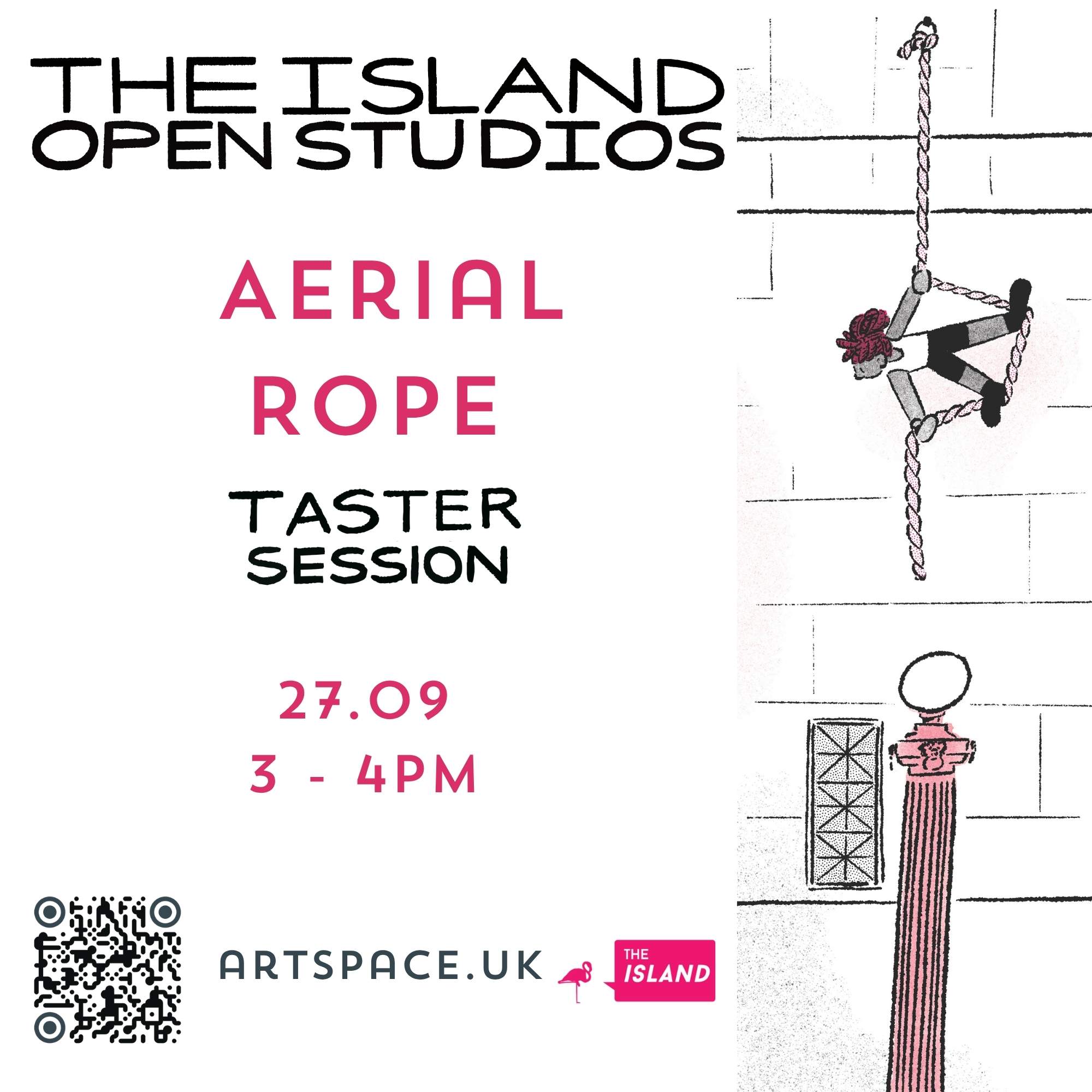 Illustration of a person on a rope hanging down a wall, text with circus class information