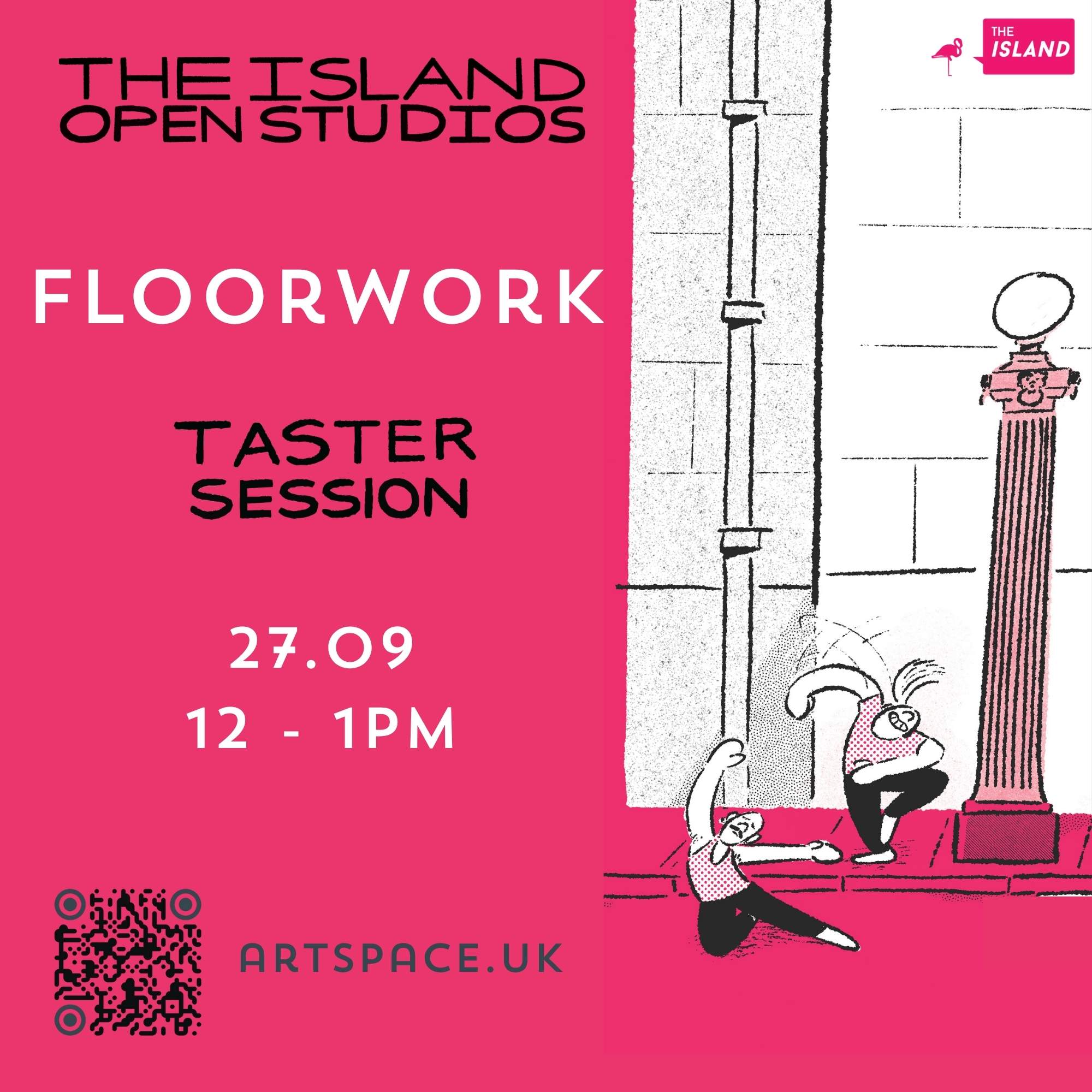 Illustration of two people dancing on the street, text with floorwork class information