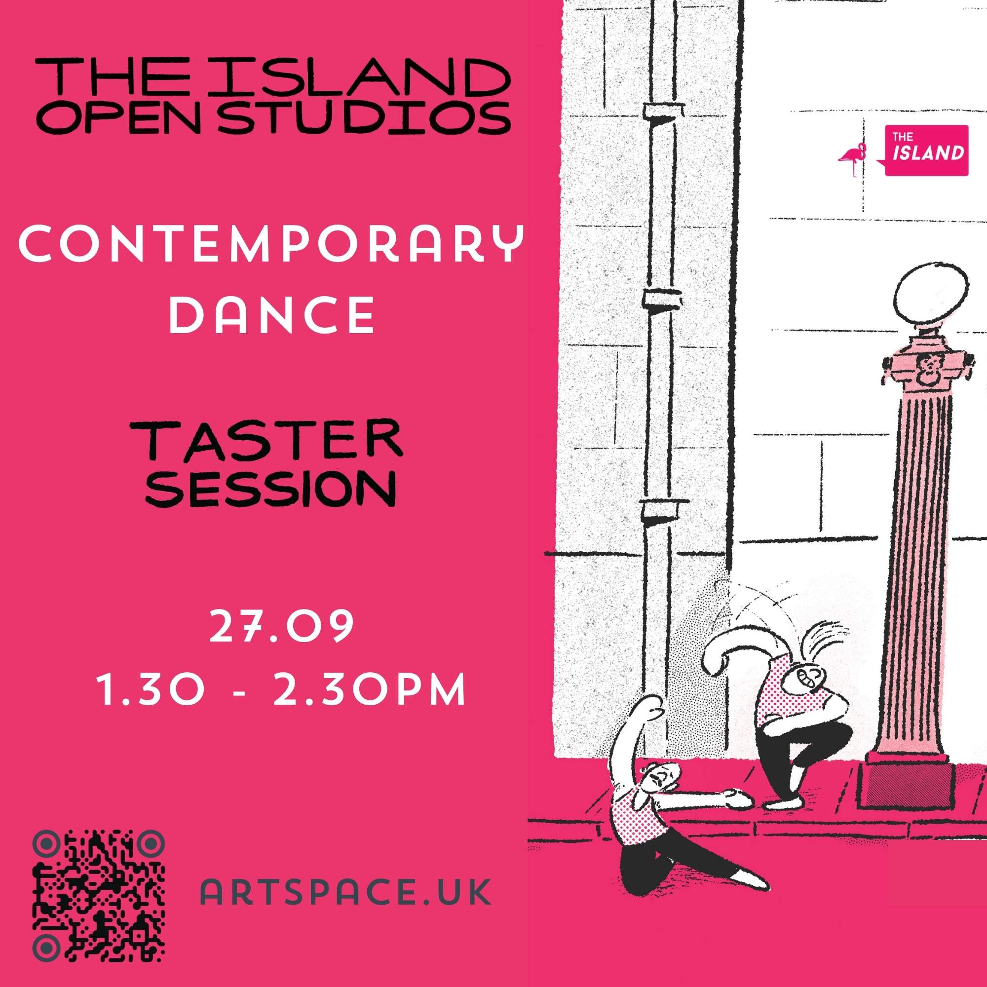 Illustration of two people dancing on the street, text with floorwork class information