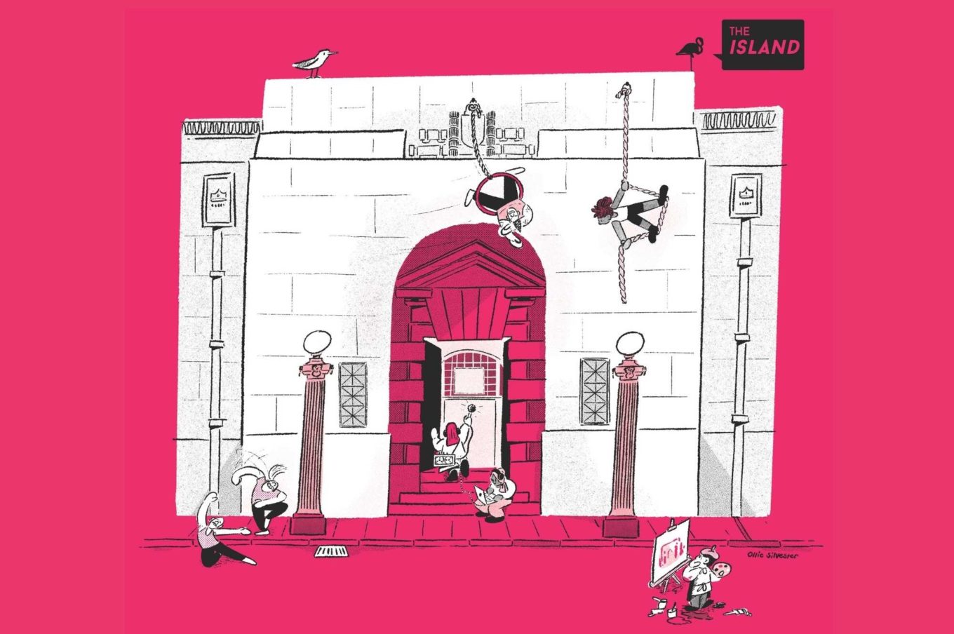 Illustration of an old police headquarters building with artists dancing, painting and hanging off the roof