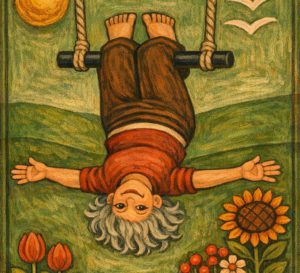 Illustration of a woman with grey hair hanging from a trapeze in a sunny field with flowers in it.