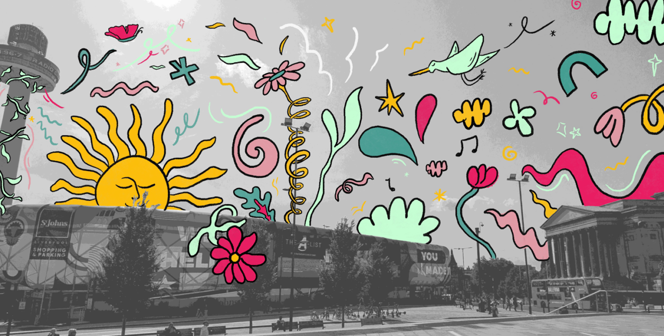 Illustrations of nature motifs overlaid on a photograph of an unused building
