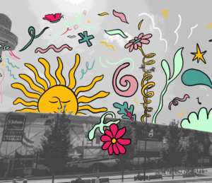 Illustrations of nature motifs overlaid on a photograph of an unused building