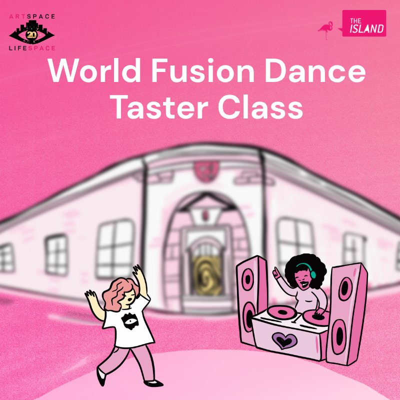 Illustration of a DJ and person dancing outside The Island building in Bristol