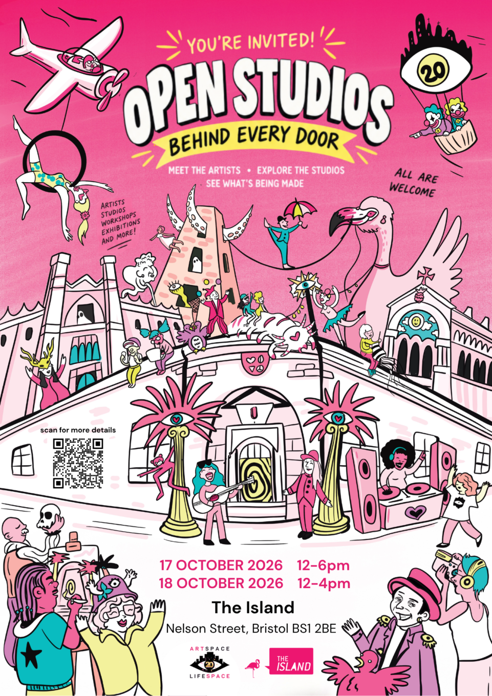 Highly illustrated poster design for The Island Open Studios with lots of arts related fugures