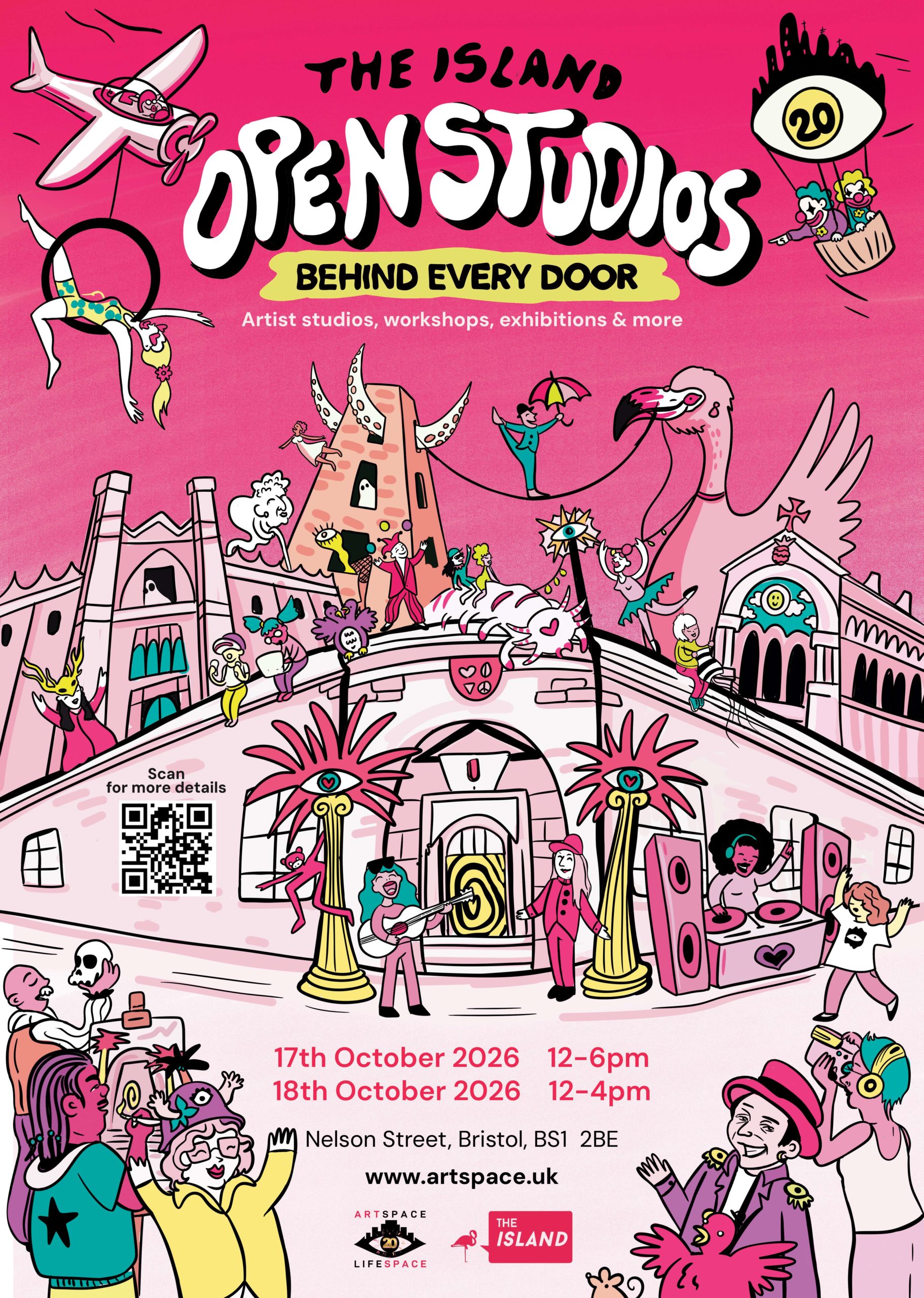 Illustration of buildings and wacky, colourful characters including clowns and a huge flamingo