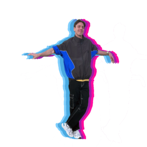 A man holds a dance pose standing with his ankles crossed.