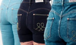 Three buts clad in blue jeans shorts