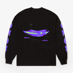A black sweatshirt photographed on a plain background